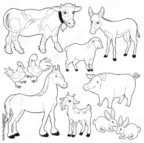 Vector: Farm animals. Vector cartoon black/white characters. Farm animals. Vector cartoon black/white characters.