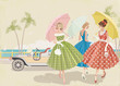 Three elegant women with parasols walking near beach
