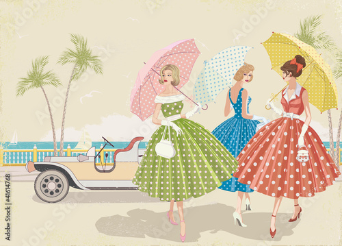 Vector: Three elegant women with parasols walking near beach Three elegant women with parasols walking near beach