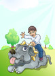 boy riding bulldog
