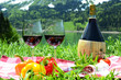 Wine and vegetables served at a picnic
