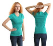 Pretty female wearing blank green shirt