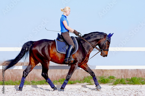 Photo: The girl goes on a brown horse The girl goes on a brown horse