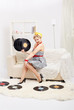 blonde woman with vinyls blonde woman with vinyls