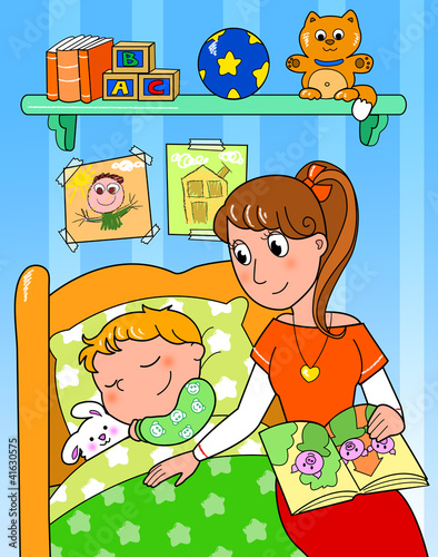 Illustration: Bambino che dorme nella sua camera con la mamma. Bambino che dorme nella sua camera con la mamma.
