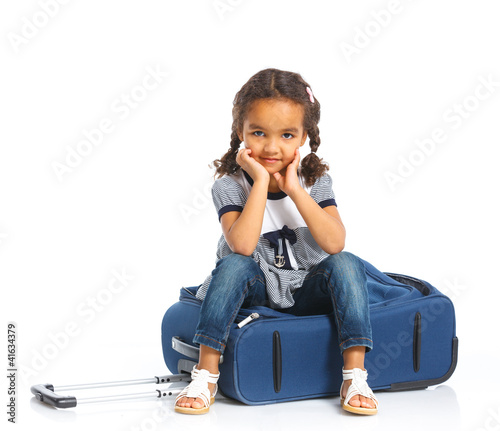Photo: Happy tourist girl. Isolated over white background Happy tourist girl. Isolated over white background