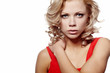 beautiful blond girl in red dress
