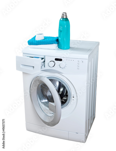 Photo: Washing machine and laundry powder for washing. Washing machine and laundry powder for washing.