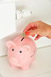 Foto: Frauenhand steckt 1 Euro in ein Sparschwein an einer Heizung Frauenhand steckt 1 Euro in ein Sparschwein an einer Heizung