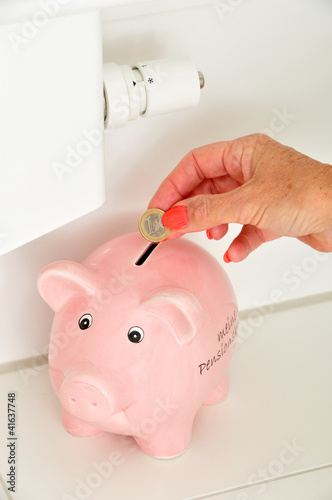 Photo: Frauenhand steckt 1 Euro in ein Sparschwein an einer Heizung Frauenhand steckt 1 Euro in ein Sparschwein an einer Heizung