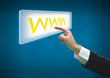 Business hand pointing www word on button with world map