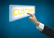 Business hand pointing customer word on button with world map