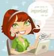 Girl manager with a microphone, computer and notebook Girl manager with a microphone, computer and notebook