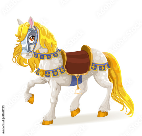 Vector: White magic horse saddled for the brave deeds White magic horse saddled for the brave deeds