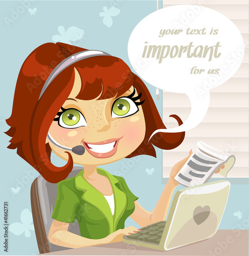 Vector: Girl manager with a microphone, computer and notebook Girl manager with a microphone, computer and notebook