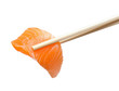 Chopsticks with sliced raw salmon
