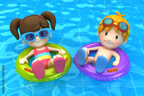 Illustration: 3d render of kids floating with inflatable ring 3d render of kids floating with inflatable ring