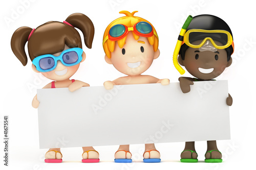 Illustration: 3d render of kids and blank board 3d render of kids and blank board