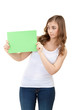 picture of happy teenage girl with blank green board