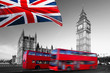Big Ben with city buses and flag of England, London Big Ben with city buses and flag of England, London