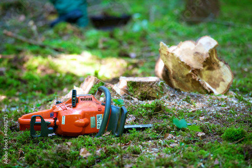 Foto: Kettensäge neben Baumstumpf Kettensäge neben Baumstumpf