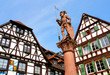 Mittelalterliche Fachwerkhäuser und Ritterstatue
