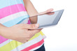 female hands holding and point on modern electronic digital fram female hands holding and point on modern electronic digital fram
