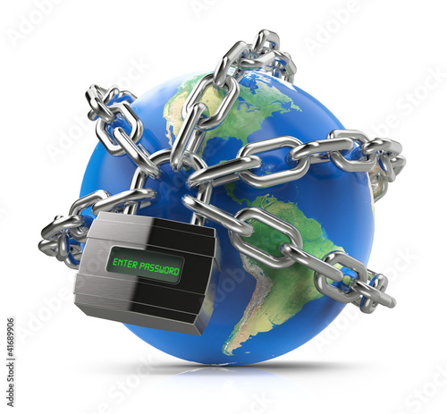 Illustration: Enter password, earth globe with chain and lock Enter password, earth globe with chain and lock