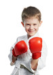 smiling boy in karate kimono with gloves