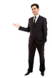 Full length of successful business man presenting over white bac Full length of successful business man presenting over white bac