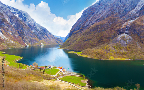 Photo: Naeroyfjord - fjord landscape in Sogn og Fjordane region. Naeroyfjord - fjord landscape in Sogn og Fjordane region.
