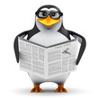3d Penguin in glasses reads newspaper