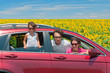 Family vacation, car travel. Happy parents and child in trip