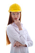 Photo: Young beautiful female with yellow helmet thinking Young beautiful female with yellow helmet thinking