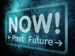 Timeline concept: pixeled word Past Now Future on digital screen