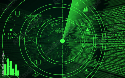 Illustration: A green radar with a world map A green radar with a world map
