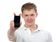 man showing display of new touch mobile cell phone
