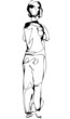a sketch of standing fellow by a back to us