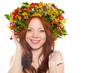 red haired happy woman with flower wreath on head red haired happy woman with flower wreath on head
