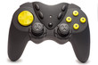 Black game controller with yellow buttons.