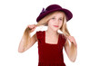 The little girl in a red hat on a white background