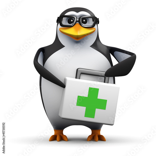 Illustration: 3d Penguin in glasses holds a medical kit 3d Penguin in glasses holds a medical kit