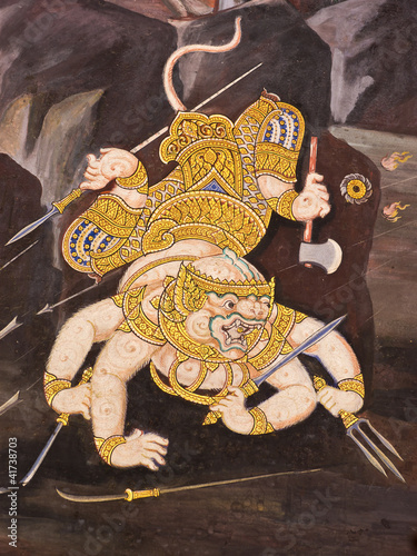 Photo: Hanuman, Mural painting in Thai royal temple, Ramayana Hanuman, Mural painting in Thai royal temple, Ramayana