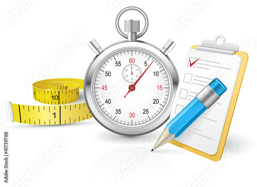 Vektor: Stopwatch with clipboard and tape measure Stopwatch with clipboard and tape measure
