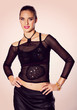 woman in leather skirt and mesh top