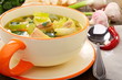 Fish soup with vegetables in a bowl.