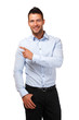 young handsome businessman pointing at copyspace