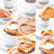 collage of tea and toast with caramel,toast with butter