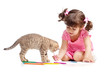 Cute kid drawing with pencils. Kitten next to girl.