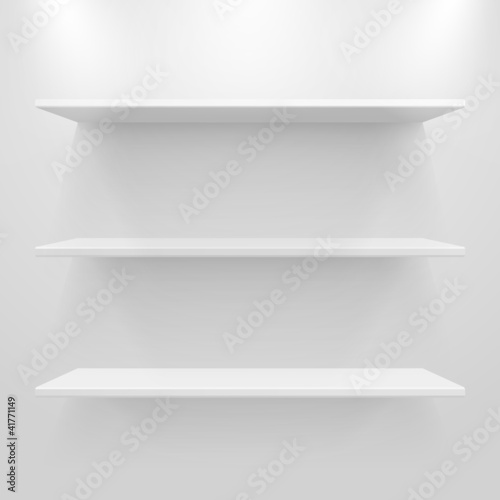 Vector: Empty white shelves on light grey background Empty white shelves on light grey background